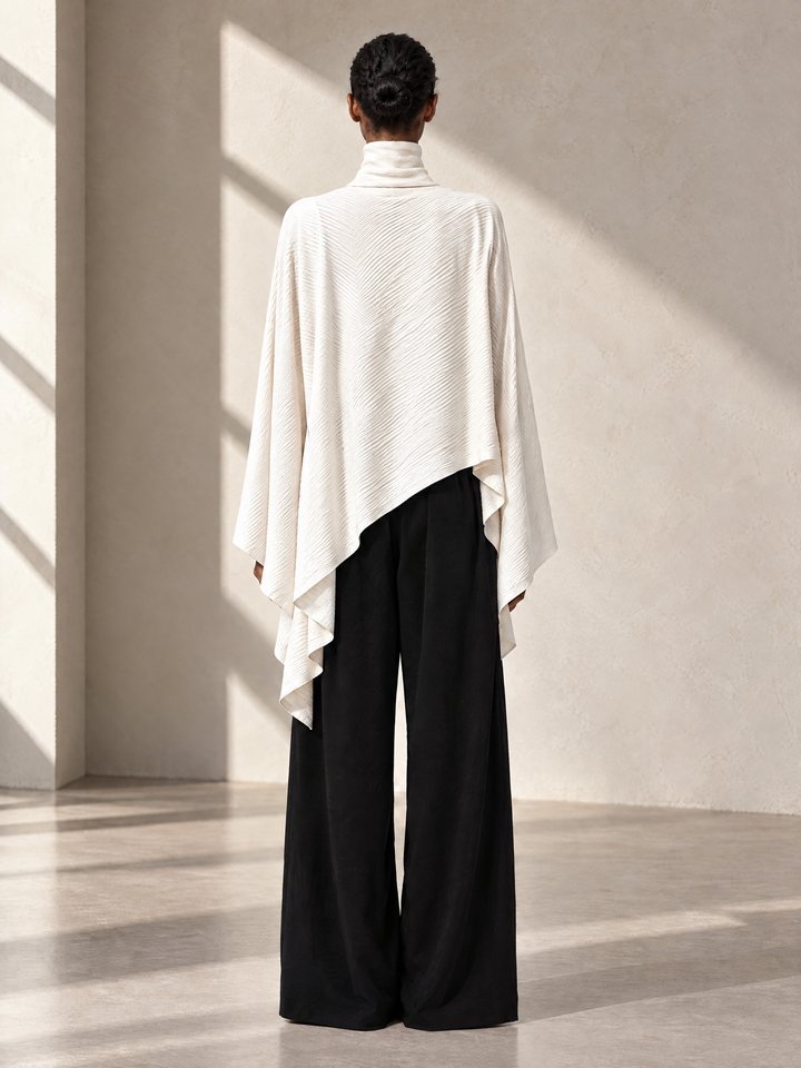 Women's Cream Asymmetric Shawl Turtleneck Top & Black Wide Leg Pant Set