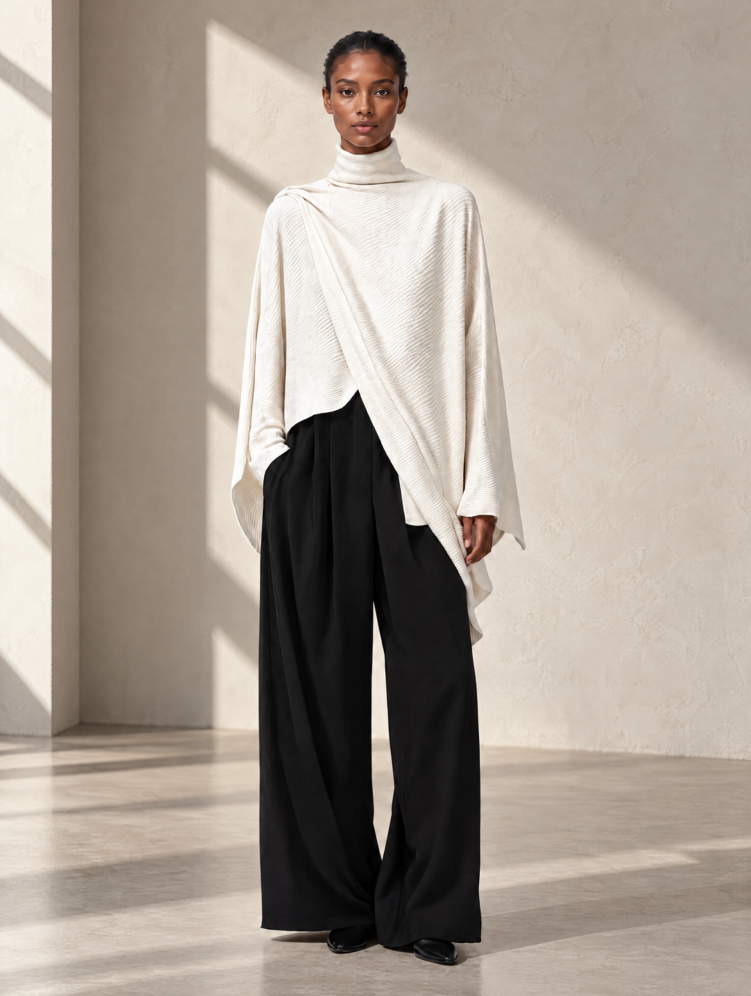 Women's Cream Asymmetric Shawl Turtleneck Top & Black Wide Leg Pant Set