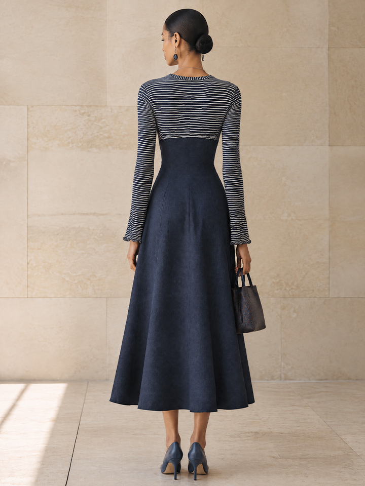 Vestido largo elegante con paneles y lazo frontal a rayas para mujer