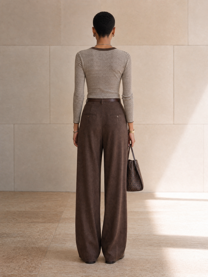 Women's Striped Trim Elegant Top And Wide-Leg Pants Set(Belt Not Included)