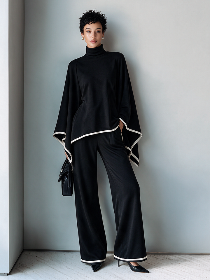 Women's High-Neck Long-Sleeve Set With Cape-Style Sleeves And Contrast Trim