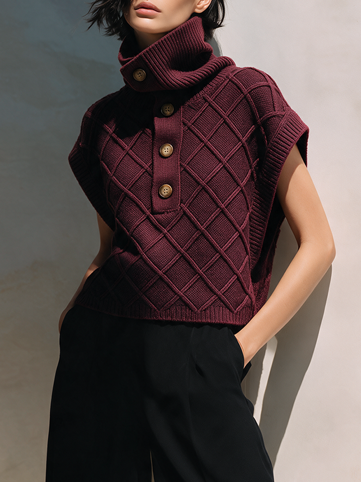 Women's High-Neck Argyle Cable-Knit Sleeveless Vest