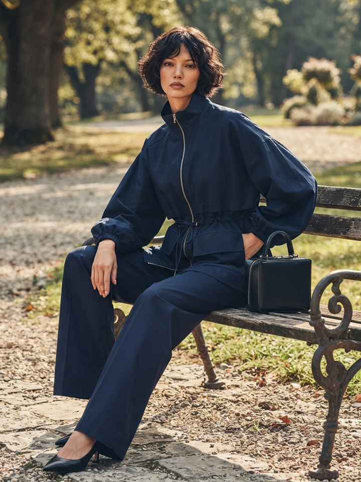 Conjunto de manga larga de mujer estilo utilitario con cuello alto y cordón, azul marino