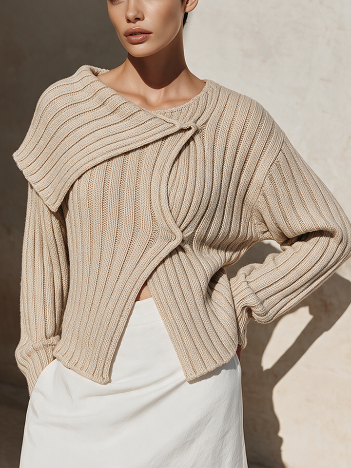 Women's Asymmetric Fold-Over Collar Ribbed Knit Top