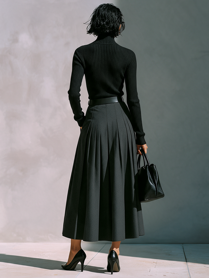 Women's Ribbed Turtleneck Knit Top & Pleated Midi Skirt Set