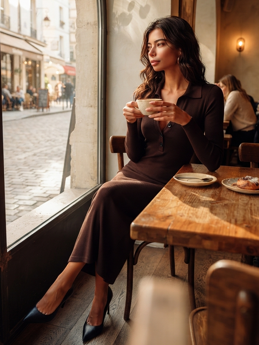 Women's Ribbed Knit Maxi Dress With Polo Collar