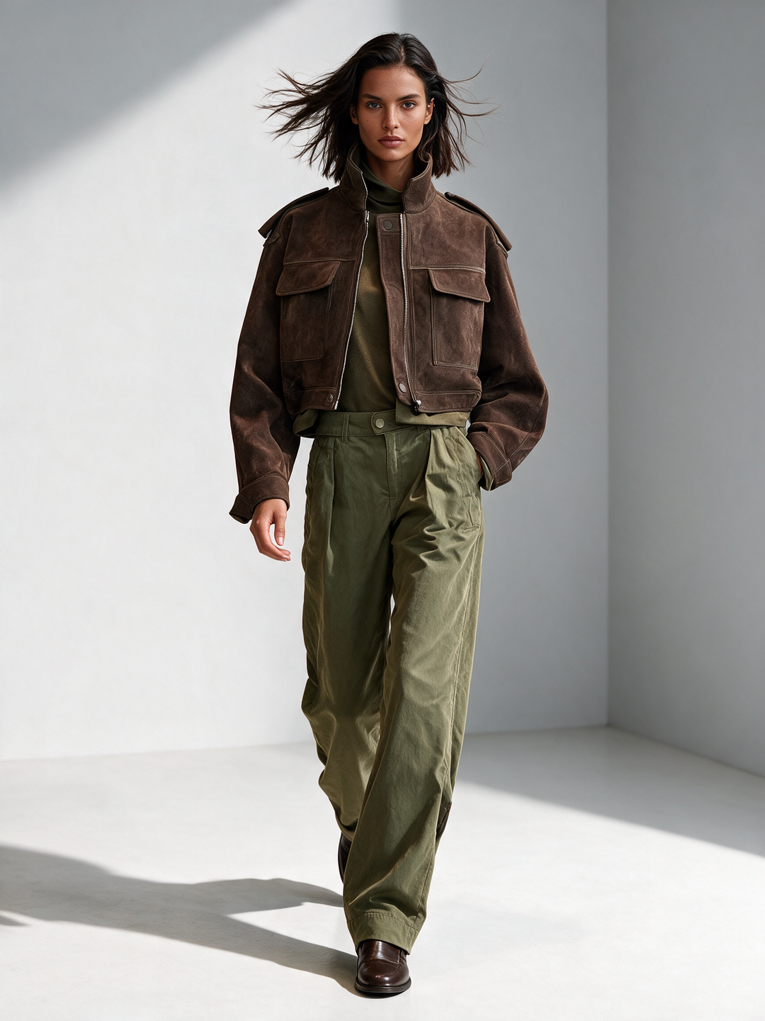 Chaqueta corta de gamuza color marrón oscuro para mujer con cuello alto utilitario