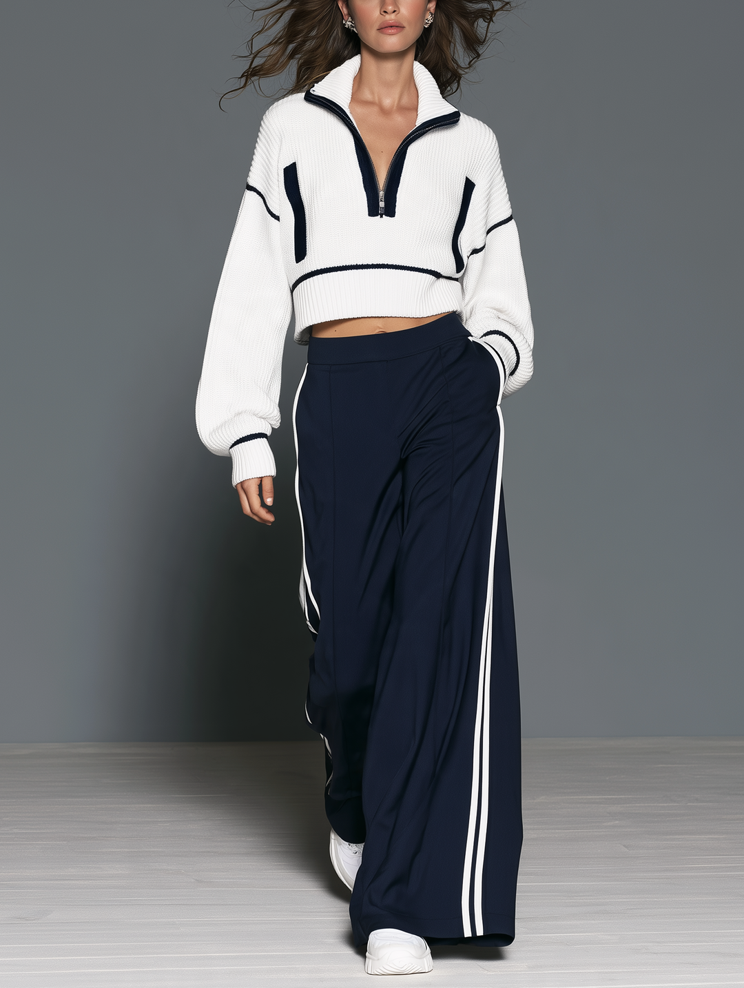 Women's Casual Two-Piece Set Featuring A White Long-Sleeved Knit Top And Dark Blue Sweatpants