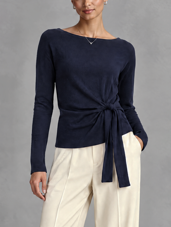 Women's Casual Navy Blue Stretch Knit Long-Sleeve Base Layer Top