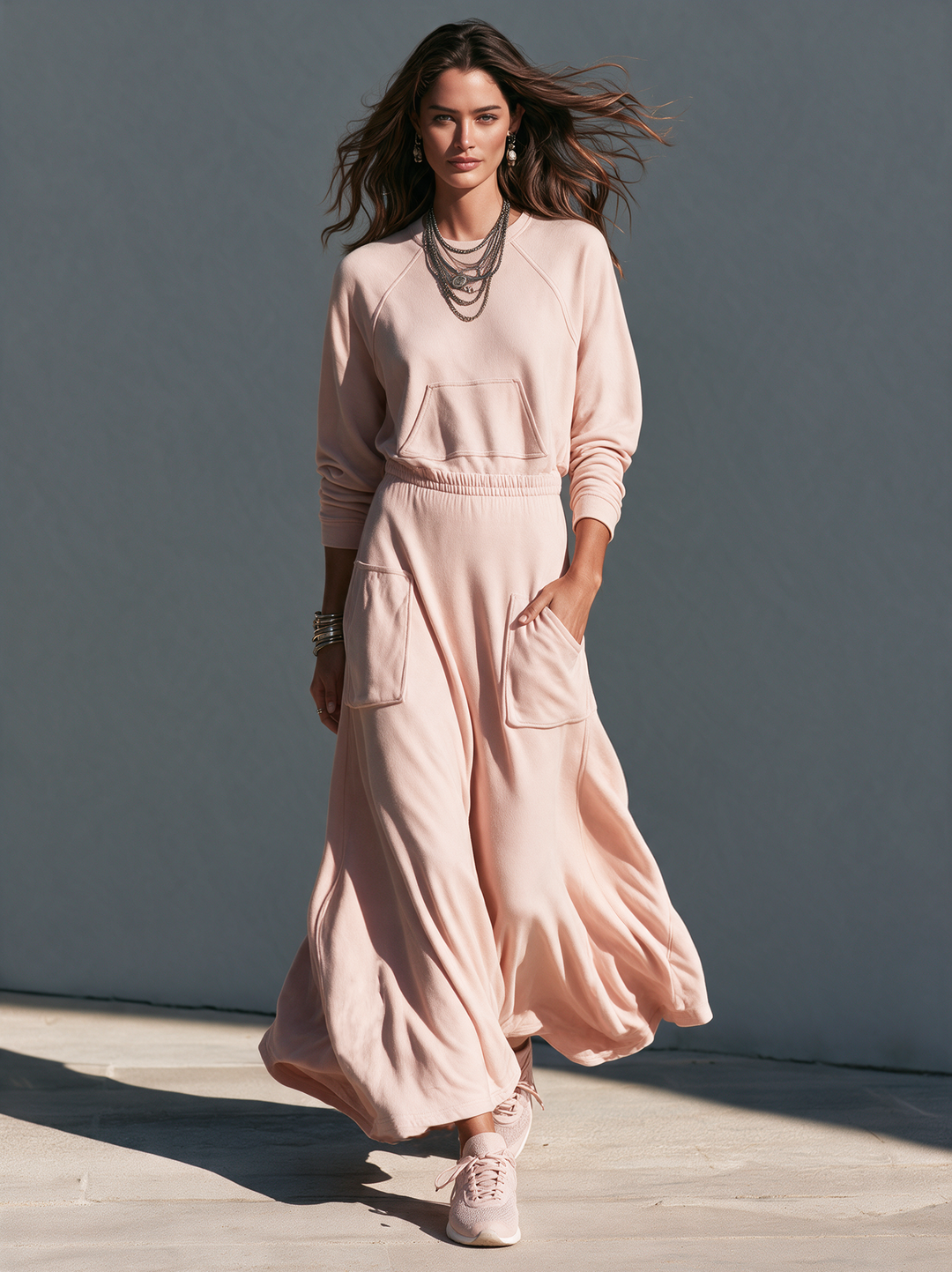 Women's Casual Long-Sleeved Maxi Dress In Pink Sweatshirt Fabric