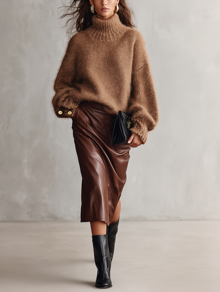 Women's Casual Camel Mohair-Blend Long-Sleeve Turtleneck Sweater