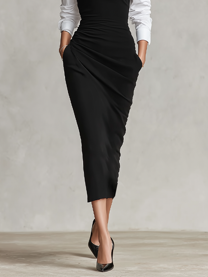 Women's Two-Tone Off-Shoulder Ruched Bodycon Midi Dress with Shirt Sleeves