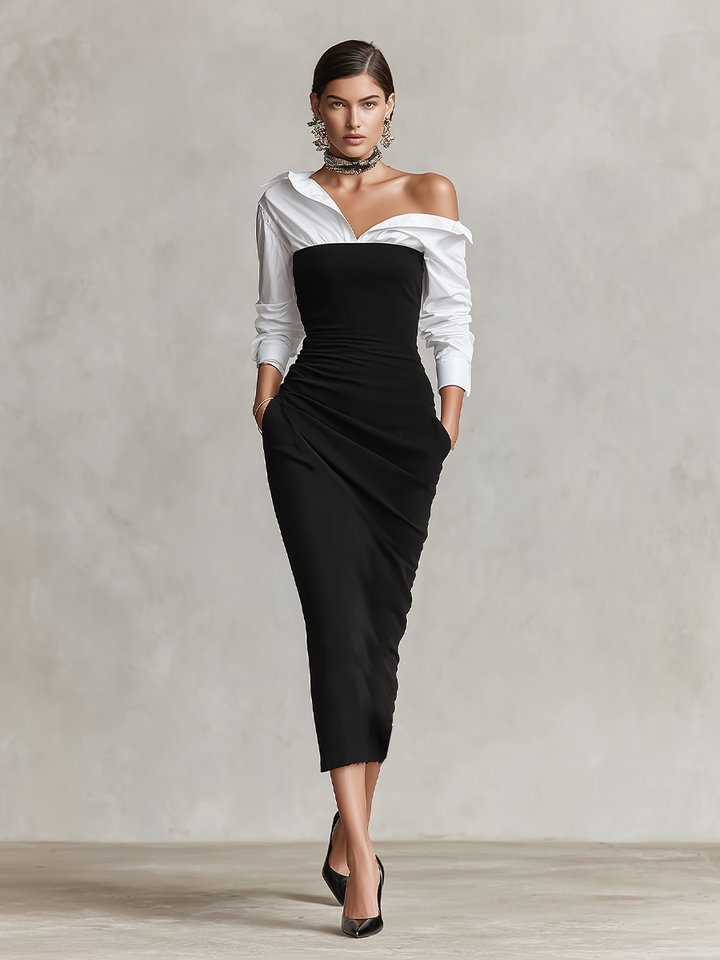 Women's Two-Tone Off-Shoulder Ruched Bodycon Midi Dress with Shirt Sleeves
