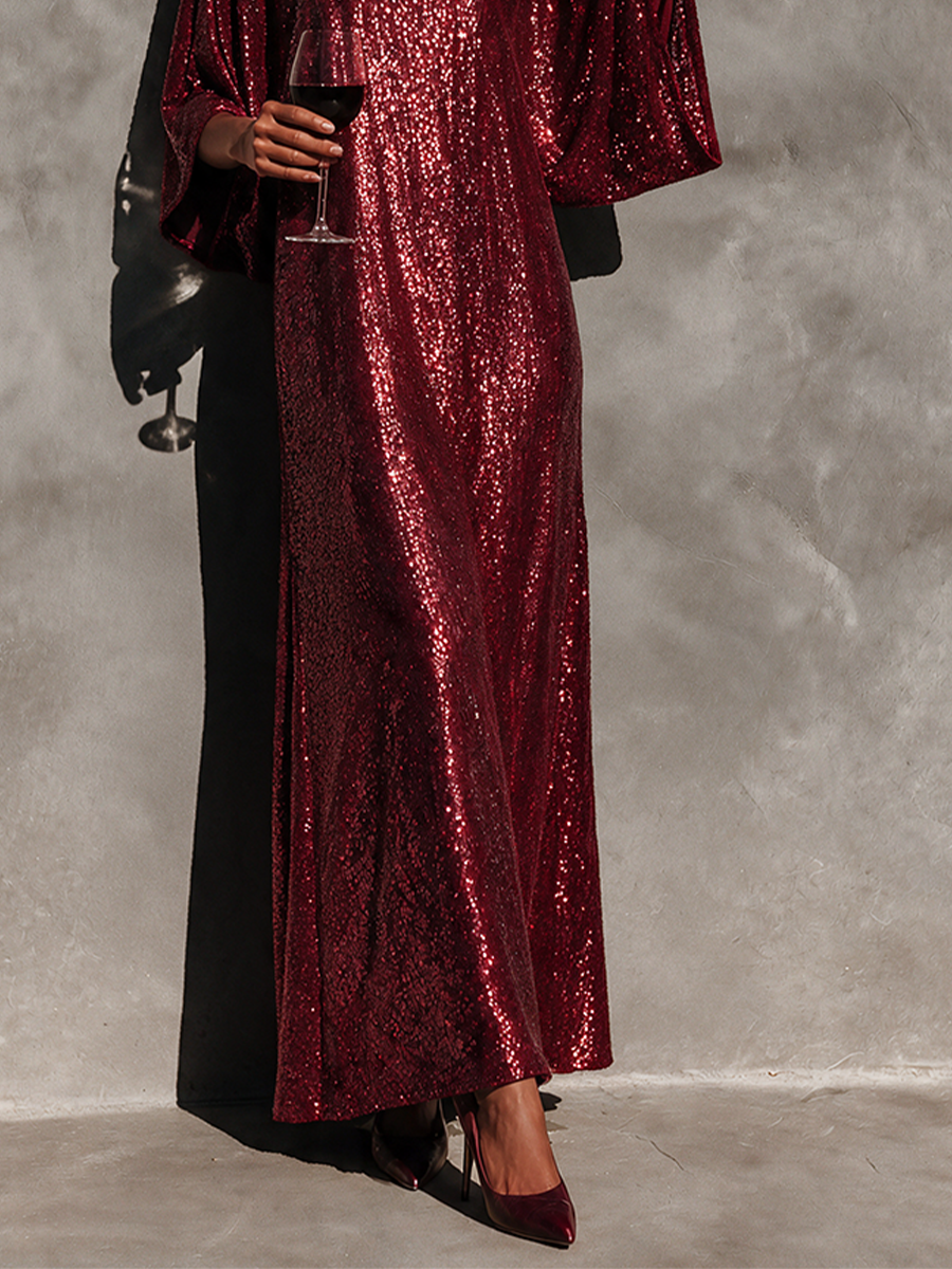 Women's Sequin Batwing Sleeve Maxi Party Dress