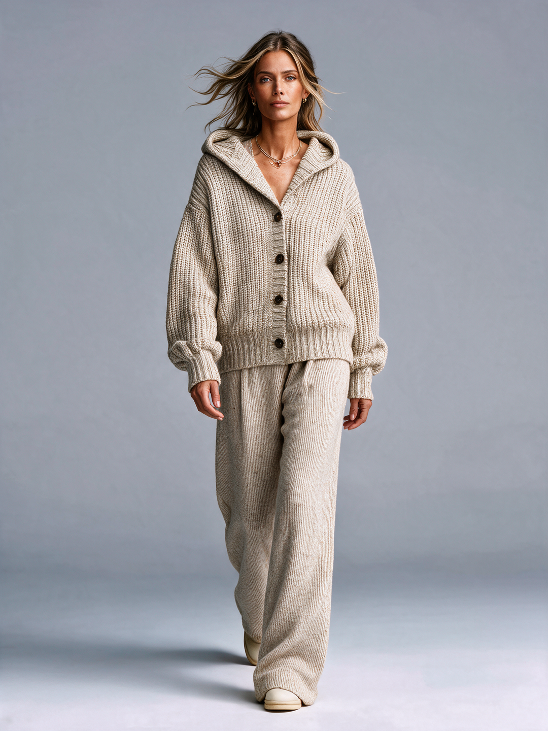 Women's Oatmeal Hooded Chunky Knit Cardigan