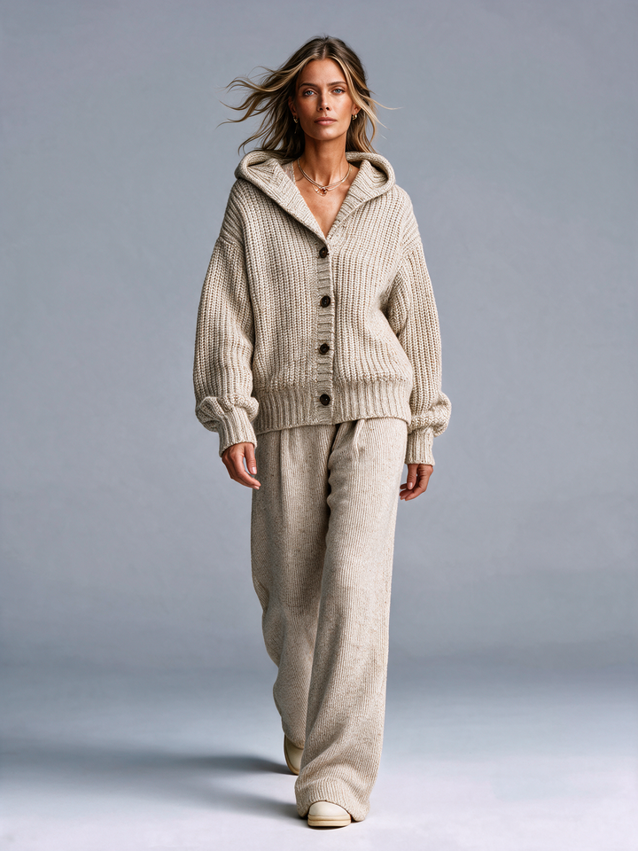 Women's Oatmeal Hooded Chunky Knit Cardigan