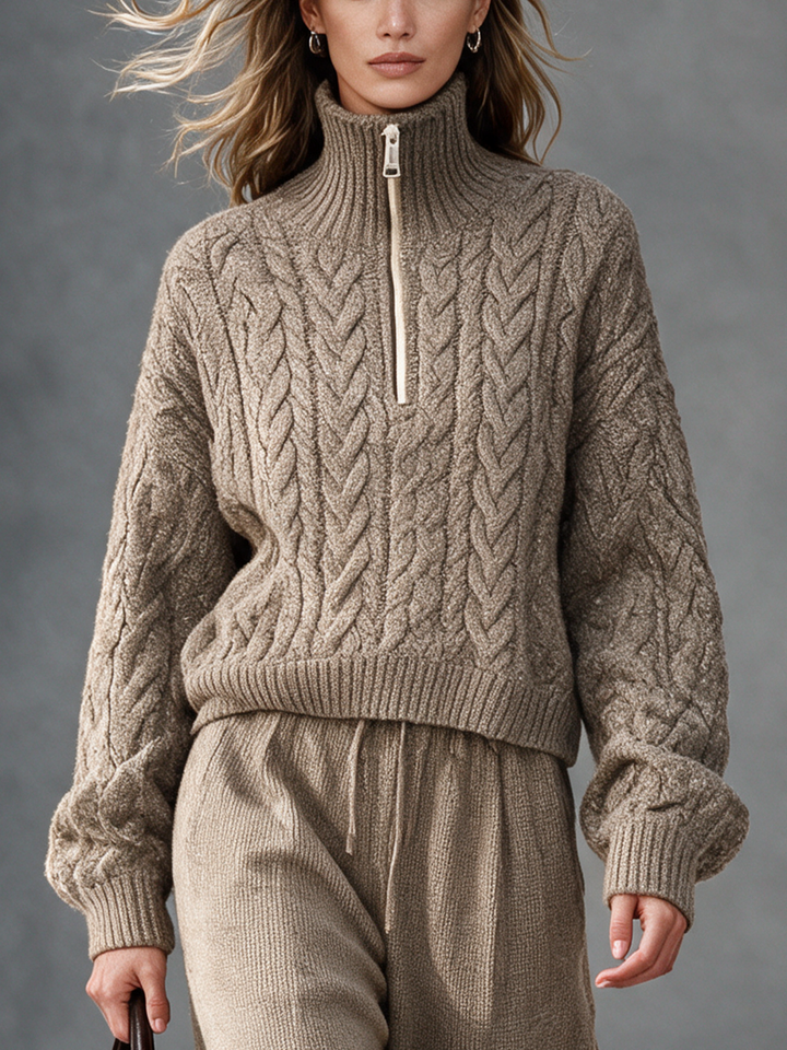 Women's Taupe Half-Zip Turtleneck Cable Knit Top
