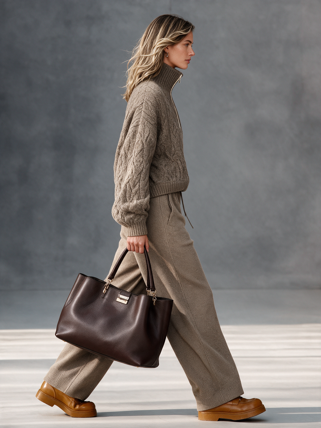 Women's Taupe Half-Zip Turtleneck Cable Knit Top