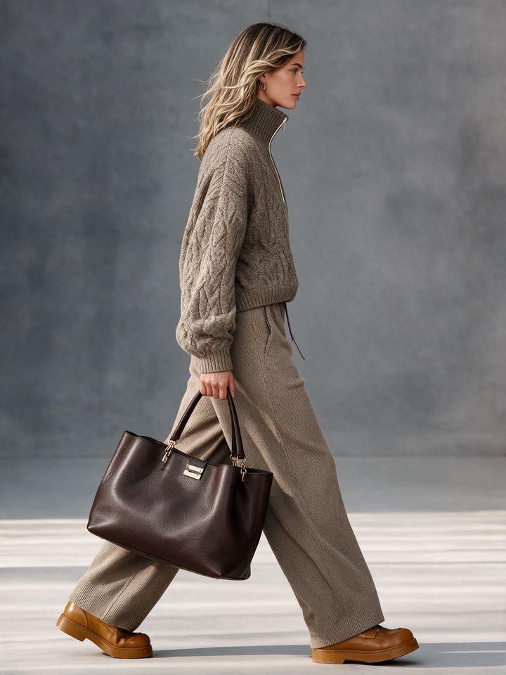 Women's Taupe Half-Zip Turtleneck Cable Knit Top