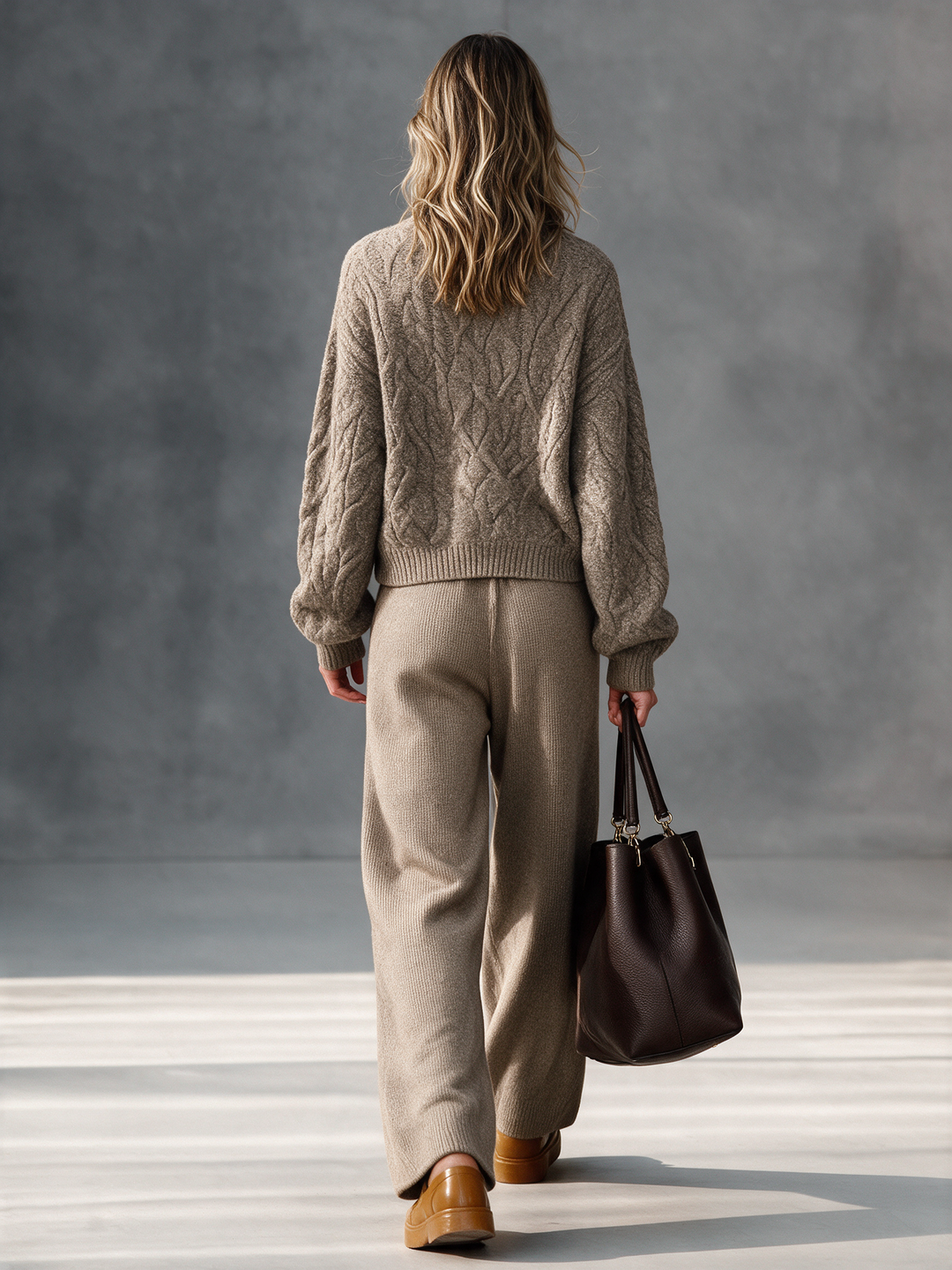 Women's Taupe Half-Zip Turtleneck Cable Knit Top