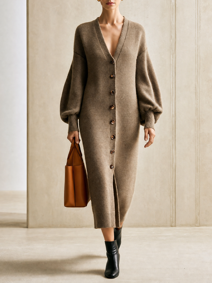 Women's V-Neck Button-Front Balloon Sleeve Knit Maxi Cardigan Dress