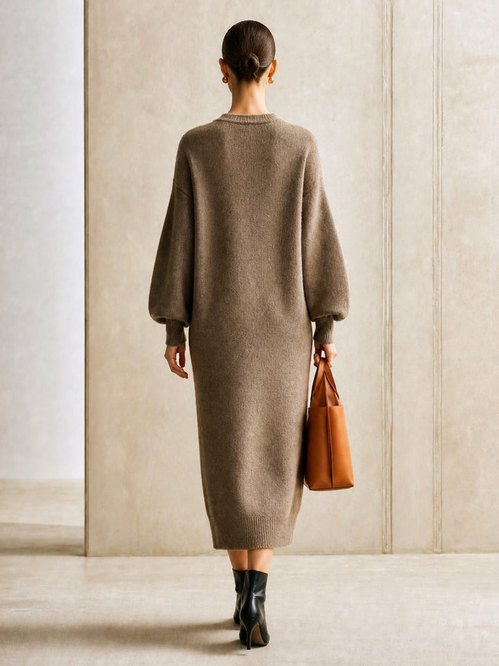 Women's V-Neck Button-Front Balloon Sleeve Knit Maxi Cardigan Dress