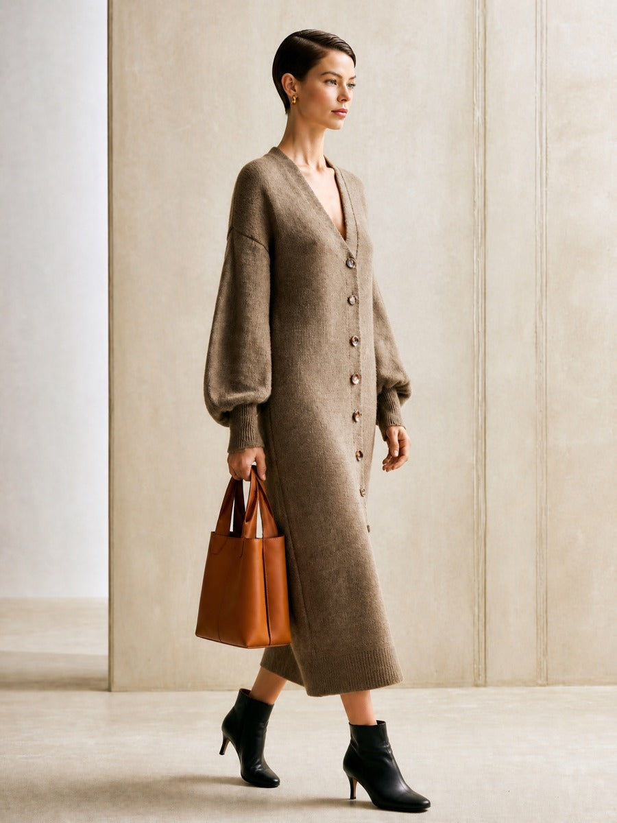 Women's V-Neck Button-Front Balloon Sleeve Knit Maxi Cardigan Dress