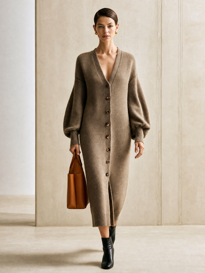 Women's V-Neck Button-Front Balloon Sleeve Knit Maxi Cardigan Dress