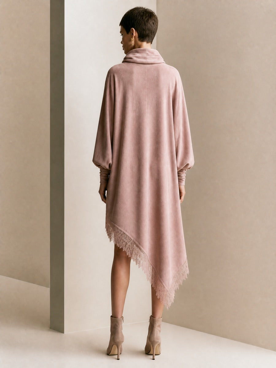 Vestido midi de mujer con cuello vuelto y ribete de encaje rosa