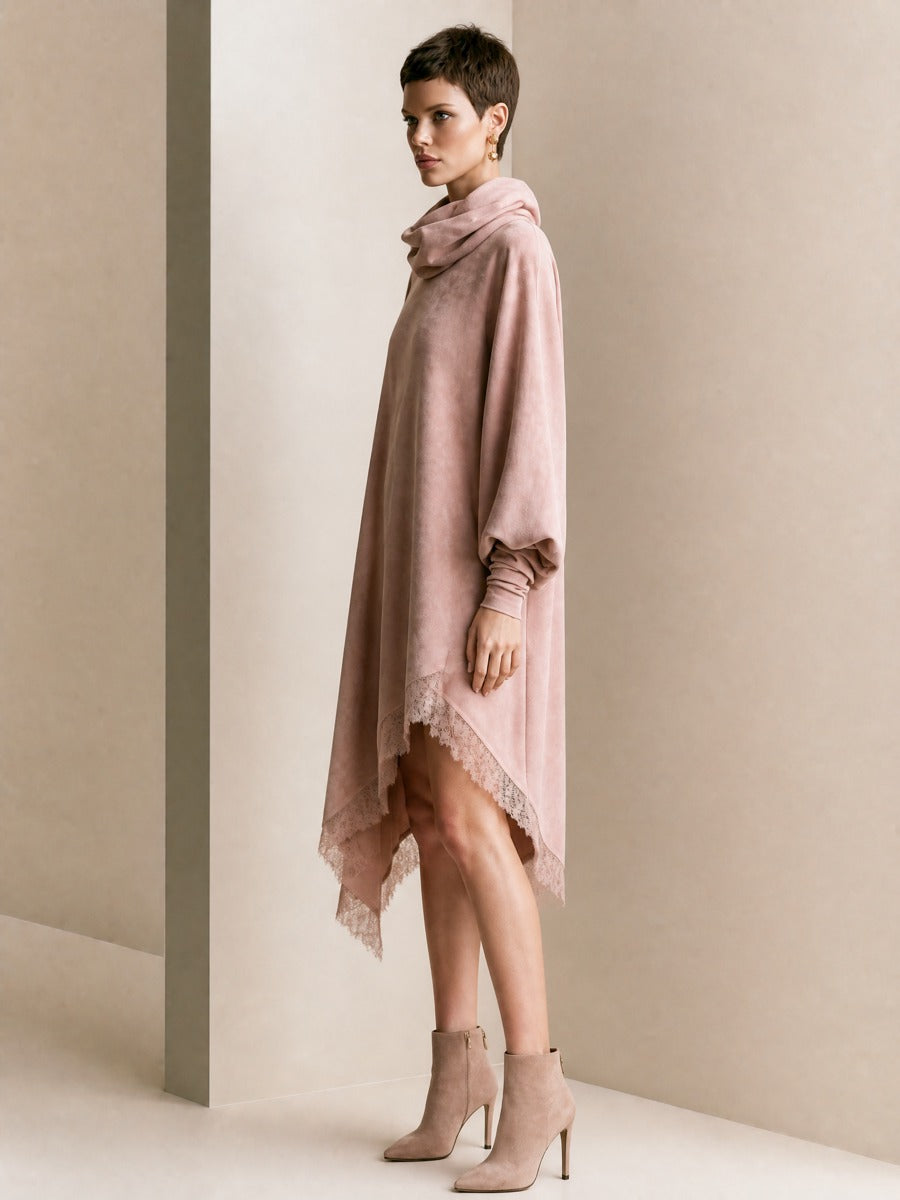 Vestido midi de mujer con cuello vuelto y ribete de encaje rosa