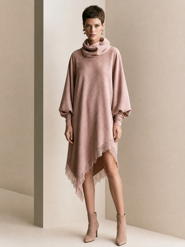 Vestido midi de mujer con cuello vuelto y ribete de encaje rosa