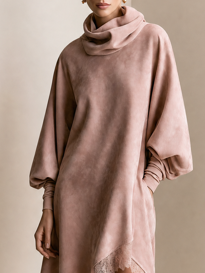 Vestido midi de mujer con cuello vuelto y ribete de encaje rosa