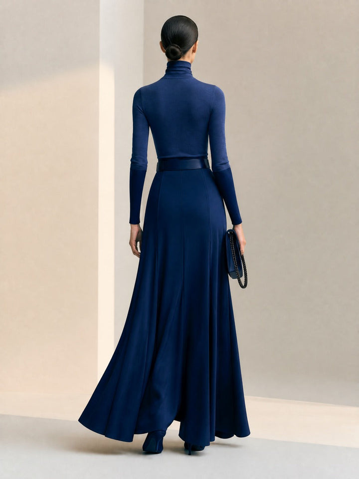 Women's Elegant Navy Turtleneck Top & Flowy Maxi Skirt Set (Without Belt)