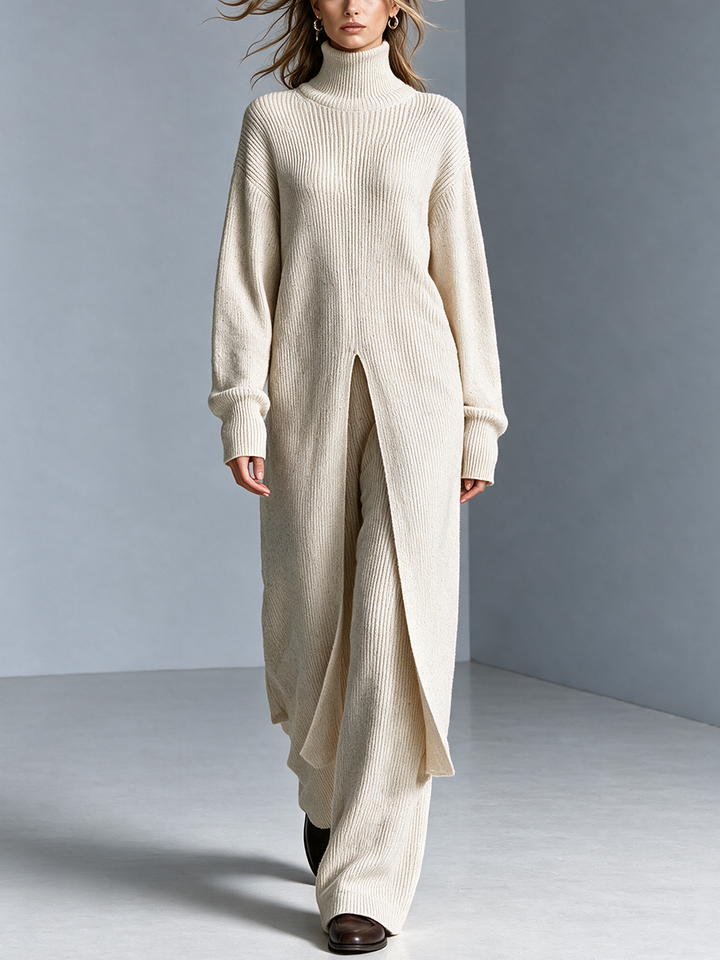 Women's Cream Turtleneck Long Knit Cardigan Set
