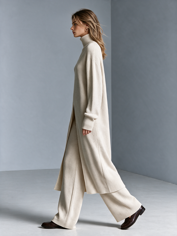 Women's Cream Turtleneck Long Knit Cardigan Set