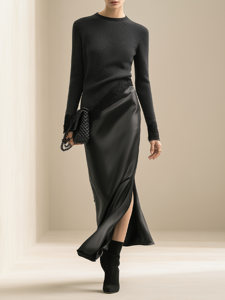 Women's Lace Trim Black Knit Satin Set
