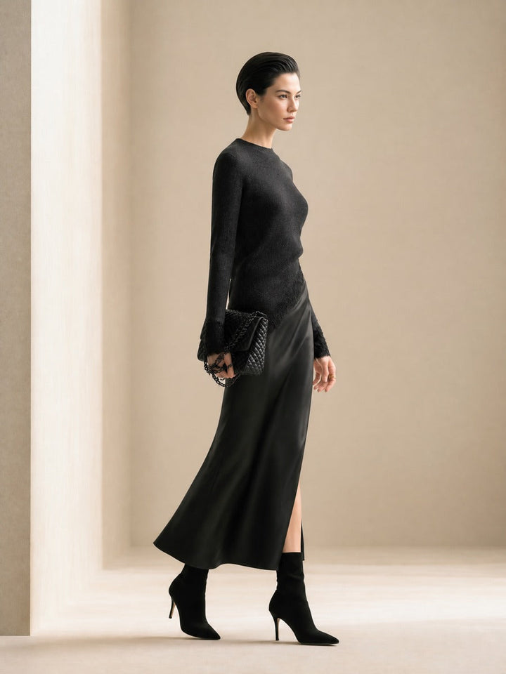 Women's Lace Trim Black Knit Satin Set