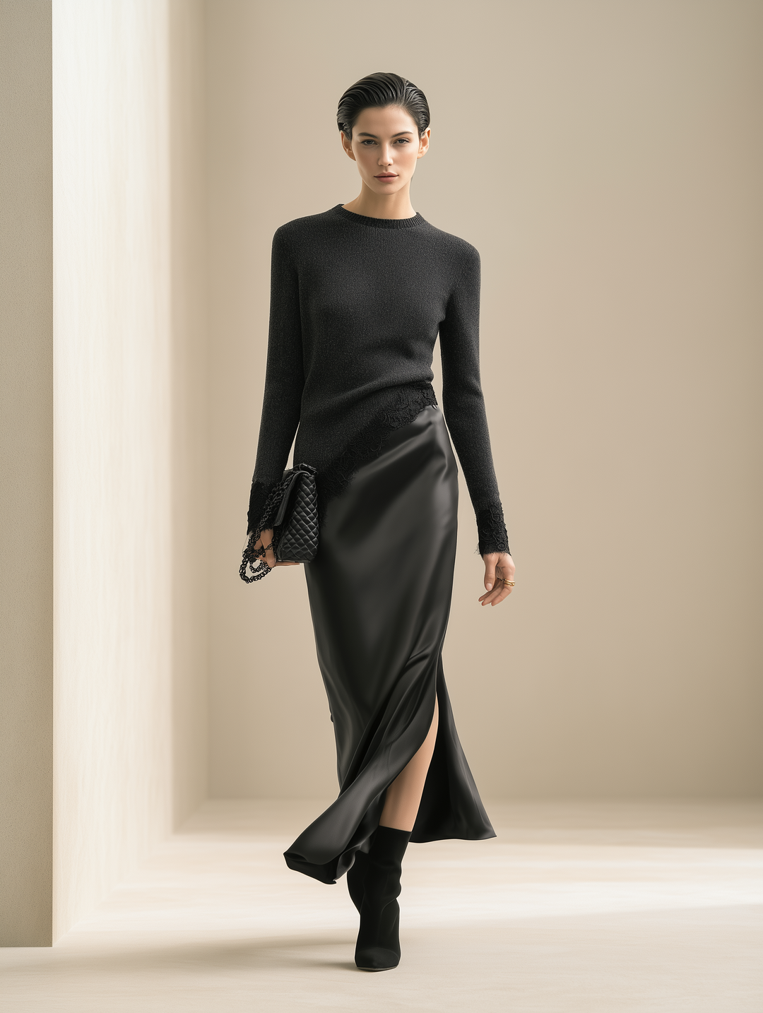 Women's Lace Trim Black Knit Satin Set