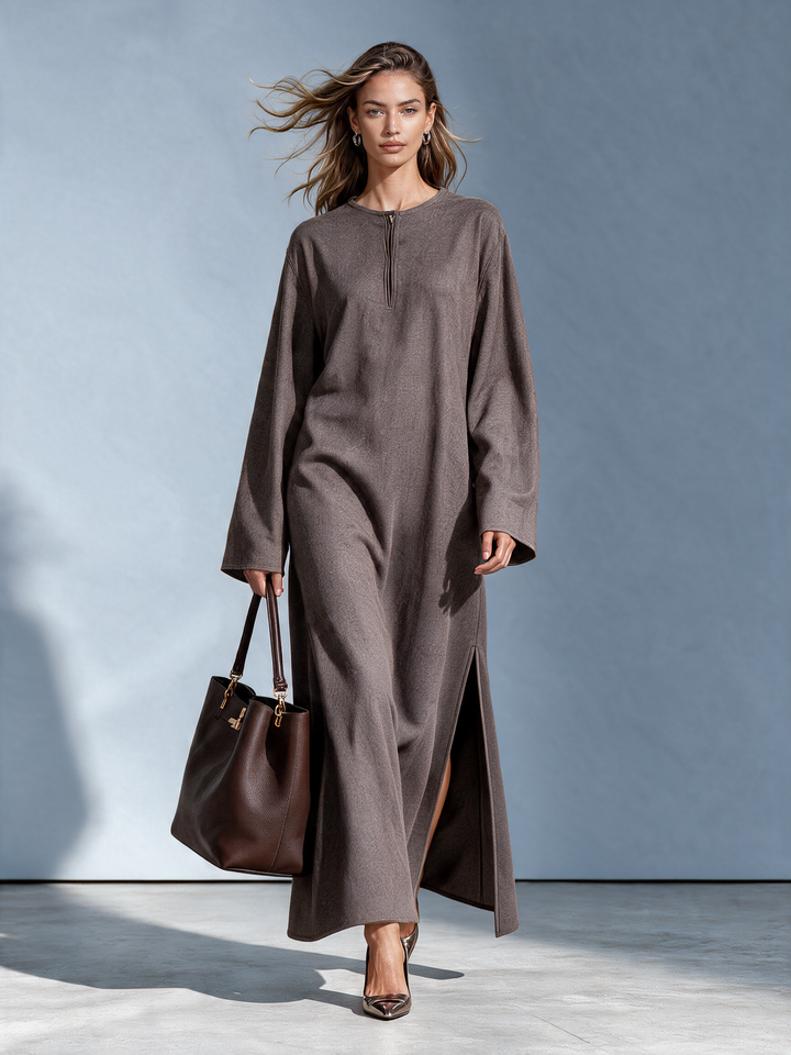 Women's Dark Brown Half-Zip Wool Maxi Dress With Side Slit