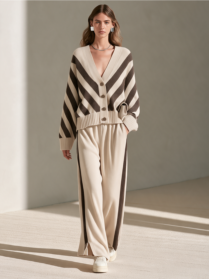 Women's Beige Contrast-Stripe V-Neck Button Cardigan & Side-Stripe Wide-Leg Trouser Set