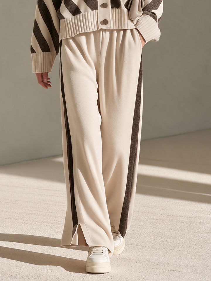 Women's Beige Contrast-Stripe V-Neck Button Cardigan & Side-Stripe Wide-Leg Trouser Set