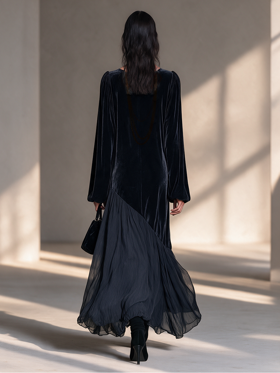 Vestido largo asimétrico de terciopelo y gasa con falda amplia, manga blusón y cuello redondo, color negro, para mujer