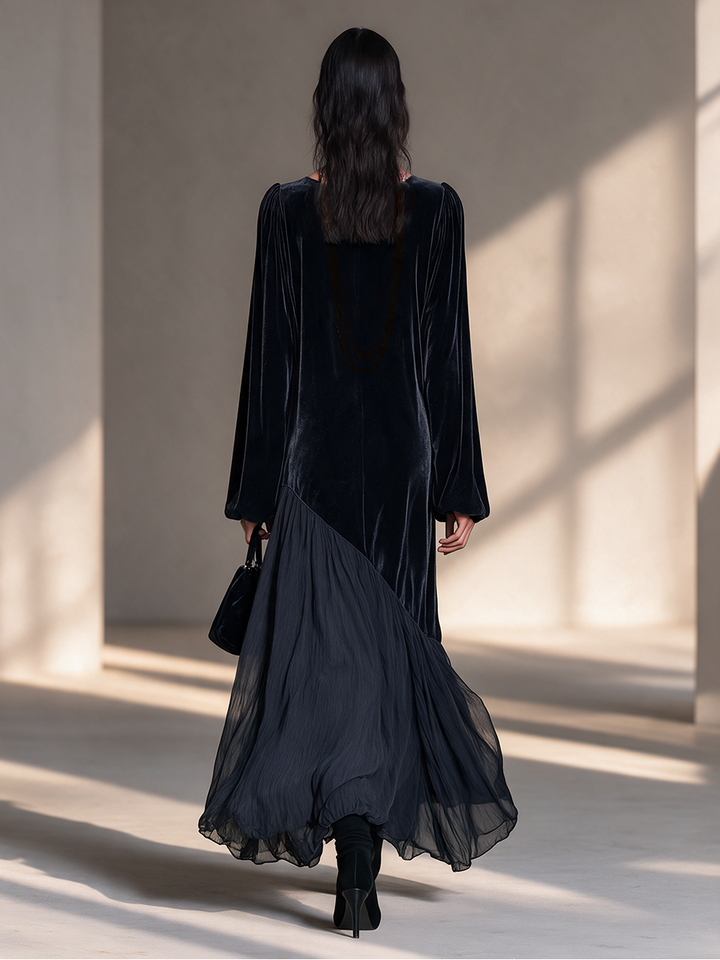 Vestido largo asimétrico de terciopelo y gasa con falda amplia, manga blusón y cuello redondo, color negro, para mujer