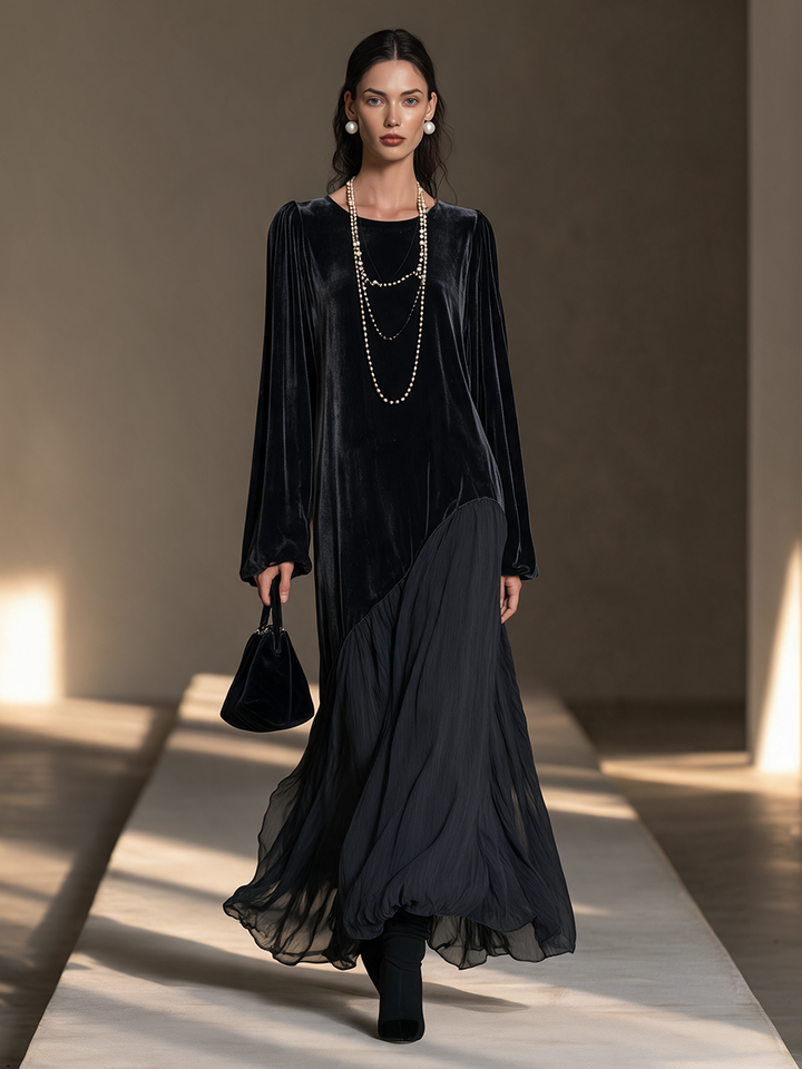 Vestido largo asimétrico de terciopelo y gasa con falda amplia, manga blusón y cuello redondo, color negro, para mujer