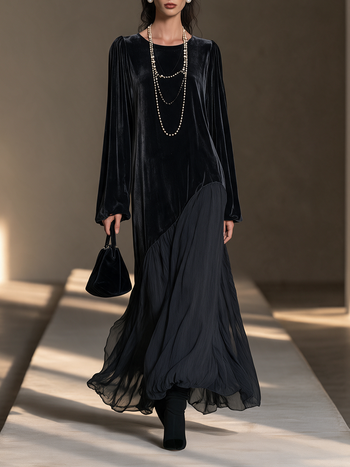 Vestido largo asimétrico de terciopelo y gasa con falda amplia, manga blusón y cuello redondo, color negro, para mujer