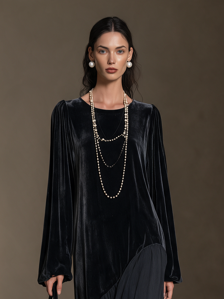 Vestido largo asimétrico de terciopelo y gasa con falda amplia, manga blusón y cuello redondo, color negro, para mujer