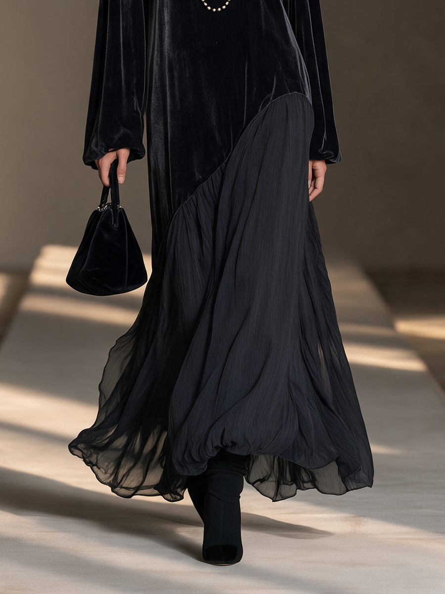 Vestido largo asimétrico de terciopelo y gasa con falda amplia, manga blusón y cuello redondo, color negro, para mujer