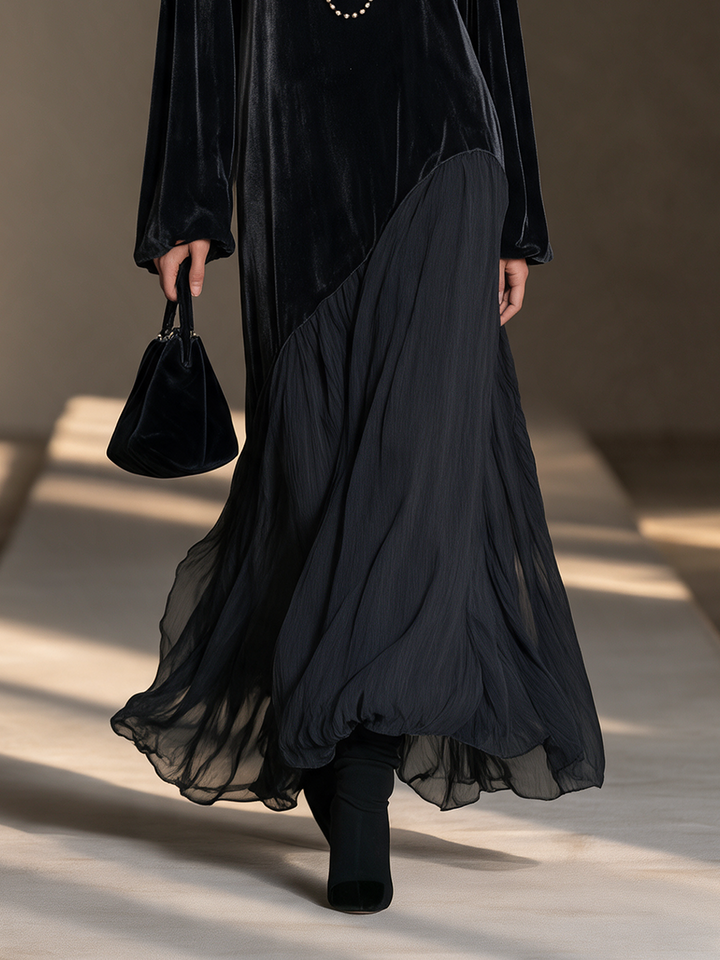 Vestido largo asimétrico de terciopelo y gasa con falda amplia, manga blusón y cuello redondo, color negro, para mujer