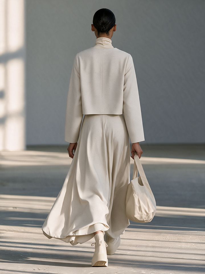 Women's Ivory Round-Neck Zip Cropped Jacket & Patch-Pocket Maxi Skirt Set