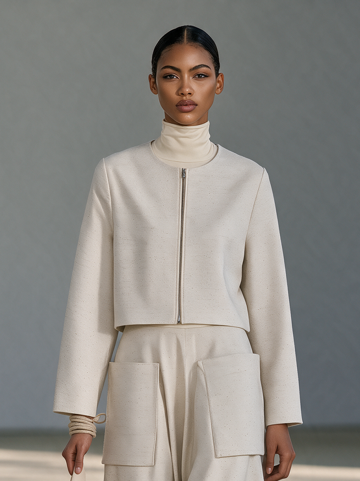 Women's Ivory Round-Neck Zip Cropped Jacket & Patch-Pocket Maxi Skirt Set